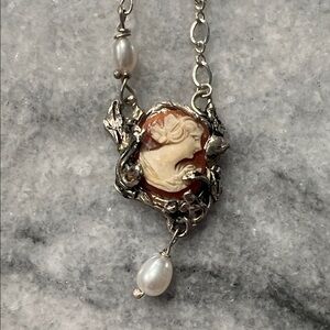 Vintage Handmade Cameo Pendant Necklace with Pearls and Sterling Silver